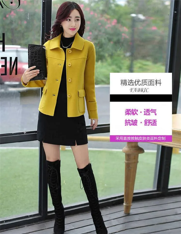 Description Picture 5 of itemBlended Woolen Coat Fashion Spring Autumn Women's Wool  Jacket Short Single-breasted Yellow Female Outwear Tops Mother Dress W25