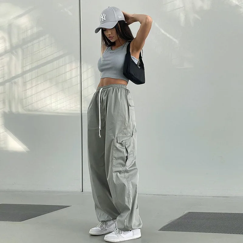 Description Picture 4 of itemHOUZHOU Cargo Pants for Women Parachute Streetwear Joggers High Waist Loose Casual Trousers Khaki Clothing Female Pocket