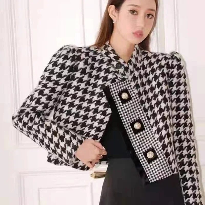 Description Picture 3 of itemLuxury Brand Houndstooth Vintage Tweed Jacket Coat New Autumn Winter Fashion High Street Small Fragrance Woolen Short Outerwear