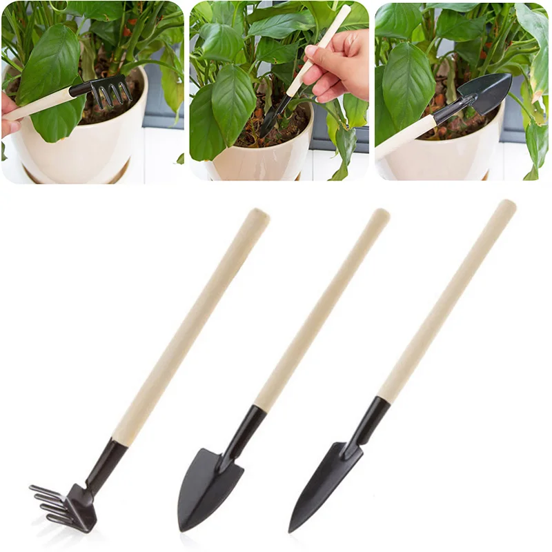 3 Piece Set Mini Gardening Potting Tools Wooden Handle Shovel Rake Spade Succulent Tranplanting Flowers Potted Plant Garden Tool