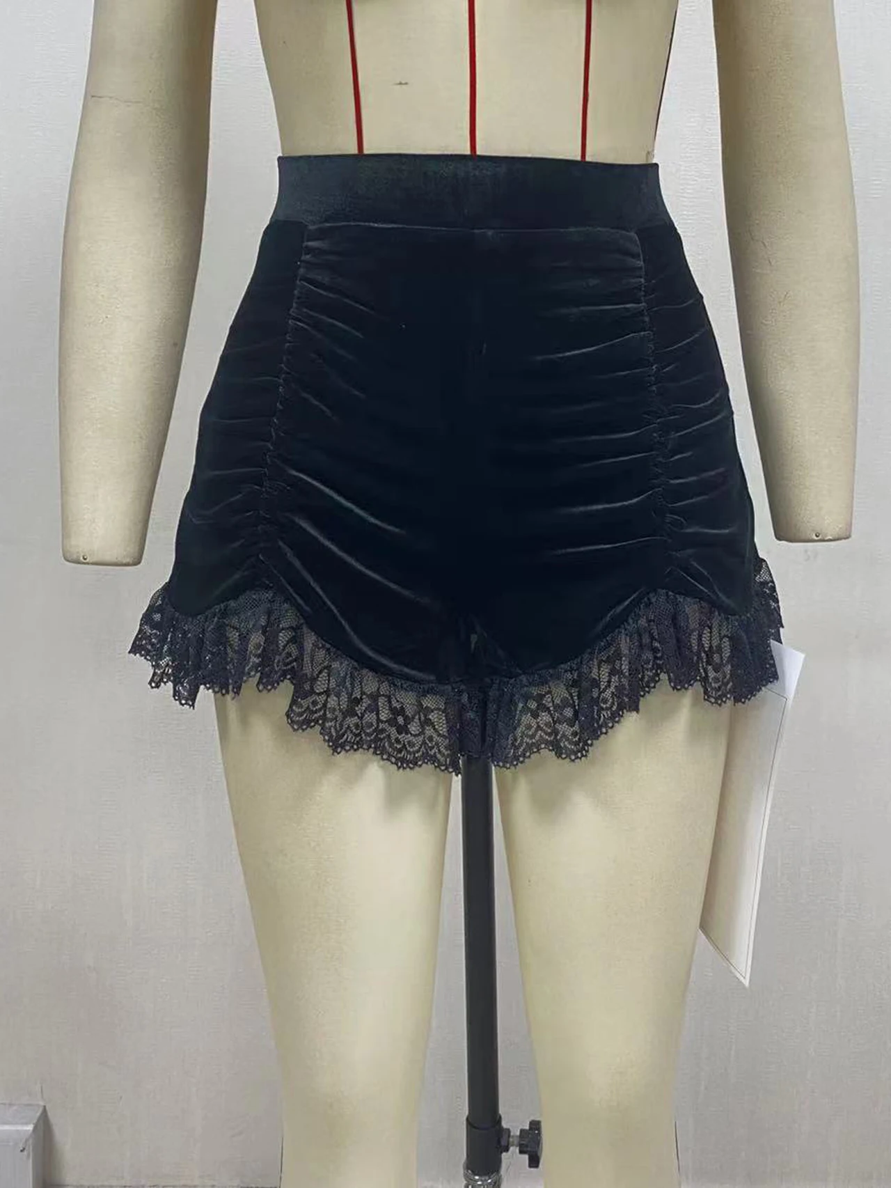 Description Picture 3 of itemGoth Dark Mall Gothic Velvet Ruched Sexy Shorts Skirts E-girl Grunge High Waist Skinny Bottoms Women Lace Hem Autumn Alt Clothes