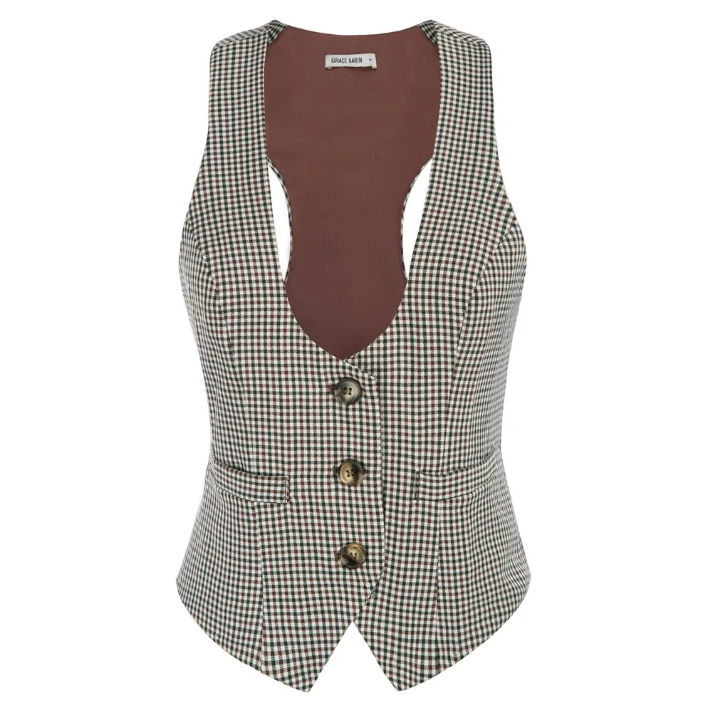 Description Picture 5 of itemGRACE KARIN Womens Waistcoat Vest Vintage Steampunk Dress Elegant Jacquard Jacket V-Neck Handkerchief Hem Plaided Waistcoat A3