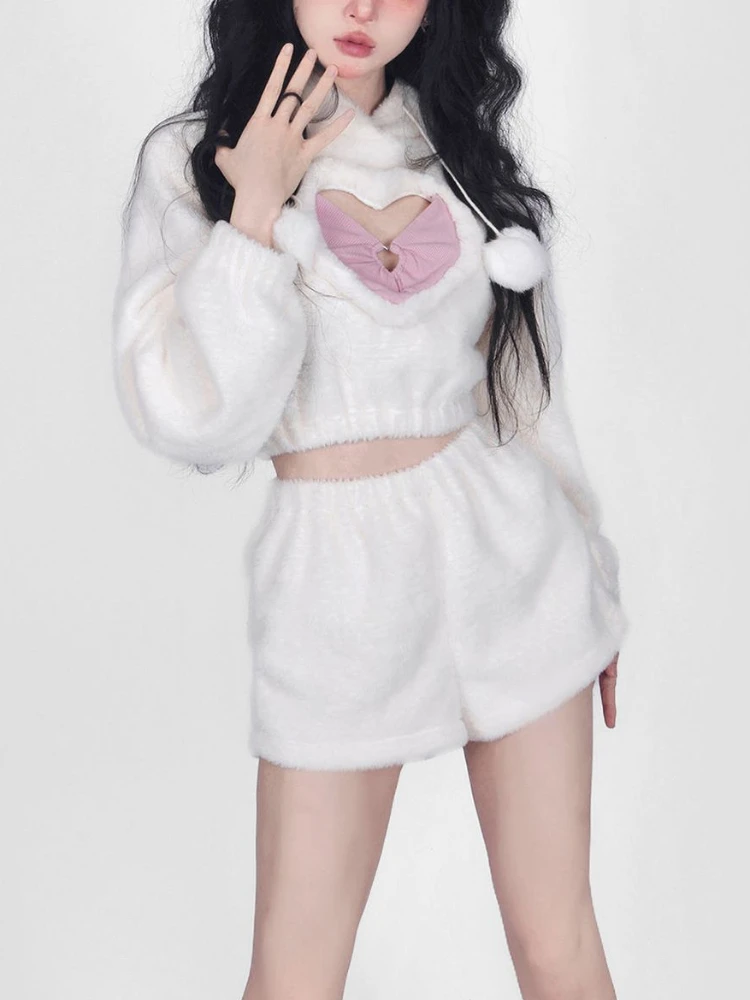 Description Picture 6 of item2023 Autumn White Kawaii Clothing Women Outwear Fashion 2 Piece Pants Set Y2K Hooded Blouse + Japanese Style Cute Short Pants