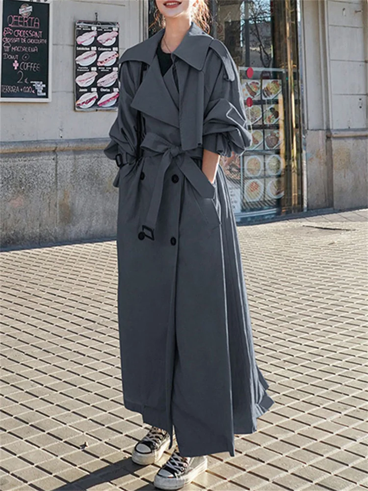 Description Picture 5 of itemAotvotee Long Trench Coat for Women Autumn Winter 2023 Fashion Long Sleeve Turn Down Collar Coats Vintage Loose Lace Up Jackets