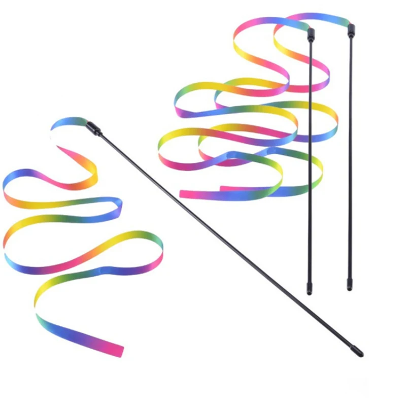 1Pc Funny Rainbow Cat Teaser Stick Toys Double-sided Rainbow Ribbon Funny Cat Stick Plastic Cat Interactive Toys Pet Supplies
