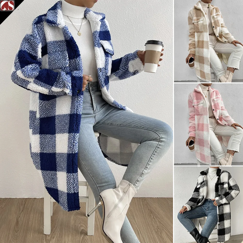 Description Picture 3 of item2023 Women's Thick Warm Jackets Coats Autumn Winter Elegant Open Button Lapel Plush Plaid Loose Temperament Commuter Long Coat