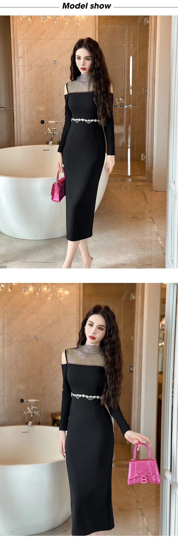 Description Picture 4 of itemFashion Elegant Luxury Evening Long Dresses Women Clothing Ladies Sexy Off-Shoulder Bodycon Slim Fit Vestidos Fiesta Robe Black