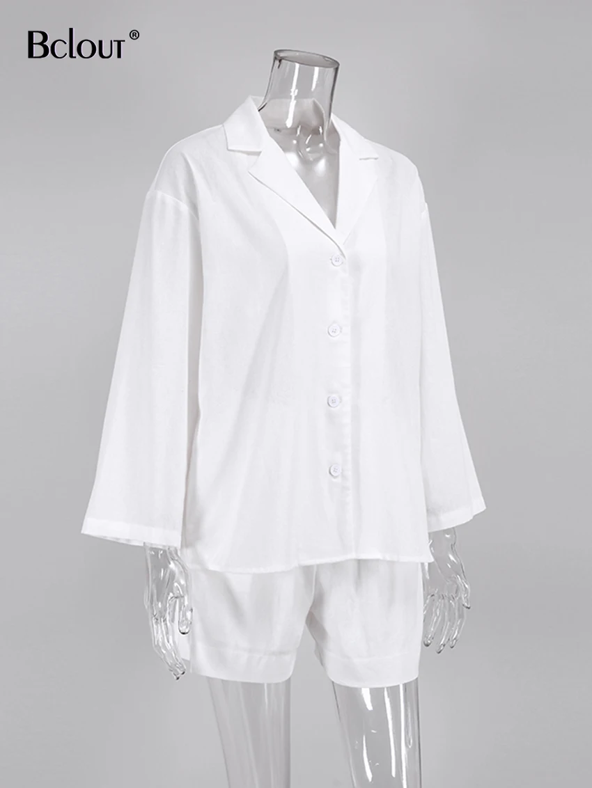Description Picture 3 of itemBclout Summer White Linen Shorts Suits Women 2022 Long Sleeve Loose Top Casual Cotton Wide Leg Shorts Set 2 Pieces Outfits Women