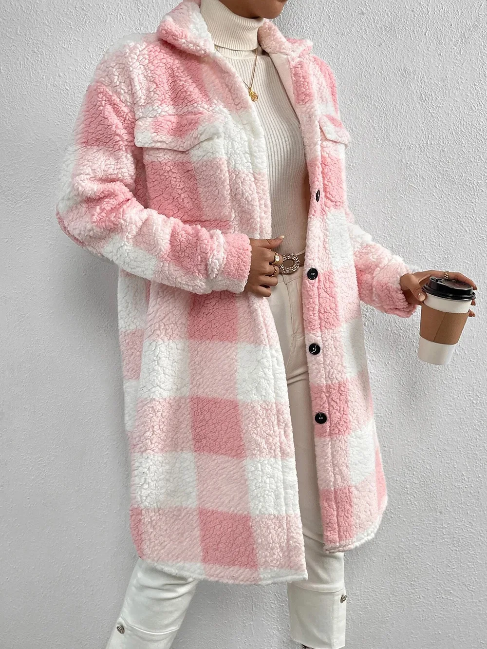 Description Picture 5 of item2023 Women's Thick Warm Jackets Coats Autumn Winter Elegant Open Button Lapel Plush Plaid Loose Temperament Commuter Long Coat
