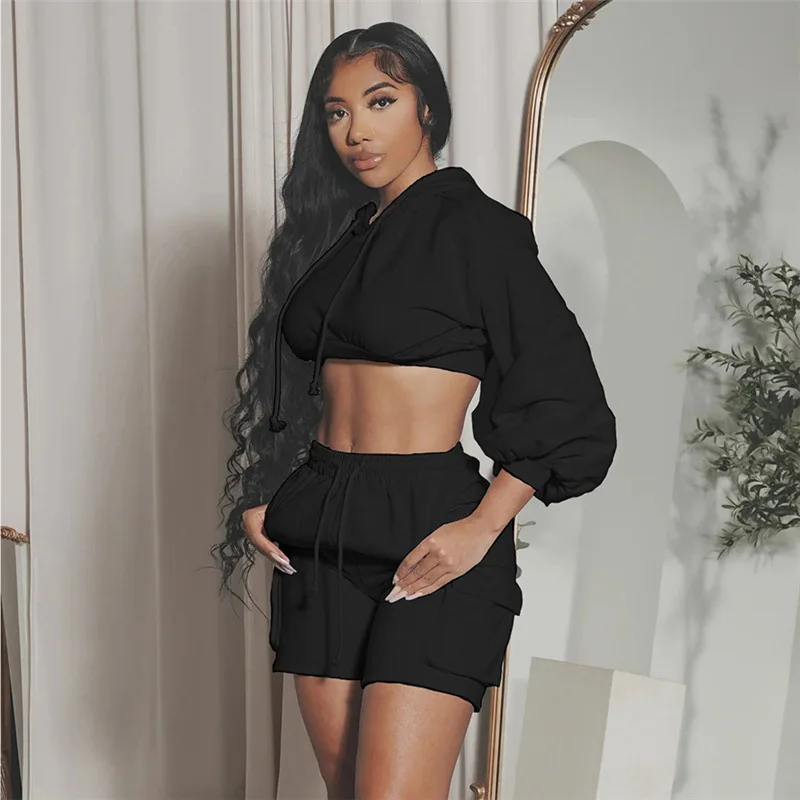 Description Picture 3 of itemCasual Solid Color Hooded Sweatshirt High Waist Hot Shorts Tracksuit Women Fitness Running Solid Pullover Hoodies Top Crop Pant