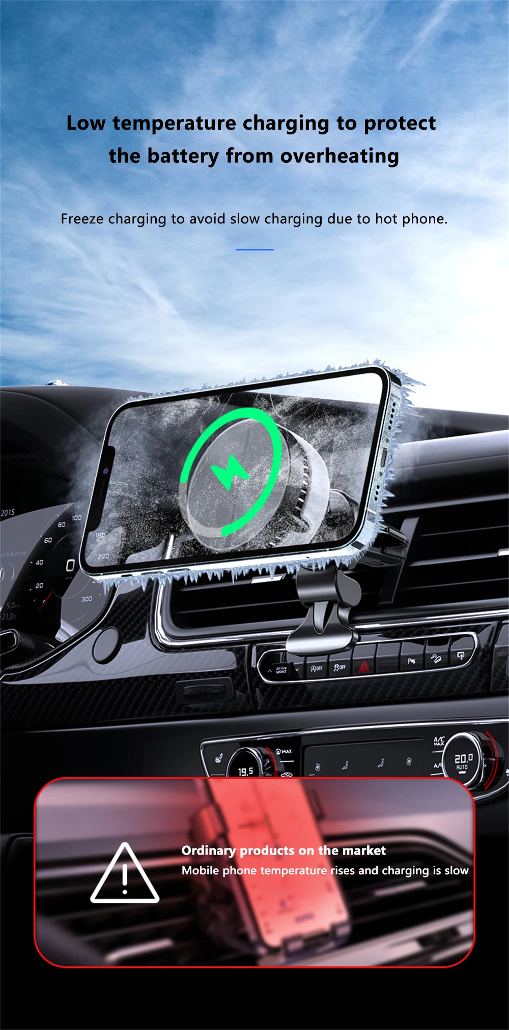 Description Picture 5 of itemRYRA 18W Car Wireless Charger With Cooling 2-in-1 Air Vent Phone Holder Magnetic 360° Semiconductor Phone Fast Charging Station