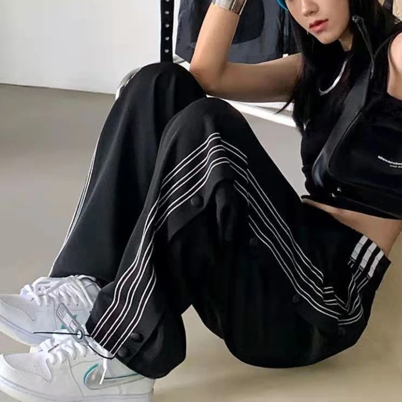 Description Picture 6 of itemGidyq Summer Striped Wide Leg Pants Women Fashion Breasted Loose Sweatpants Y2K Streetwear Female High Waist Straight Trousers