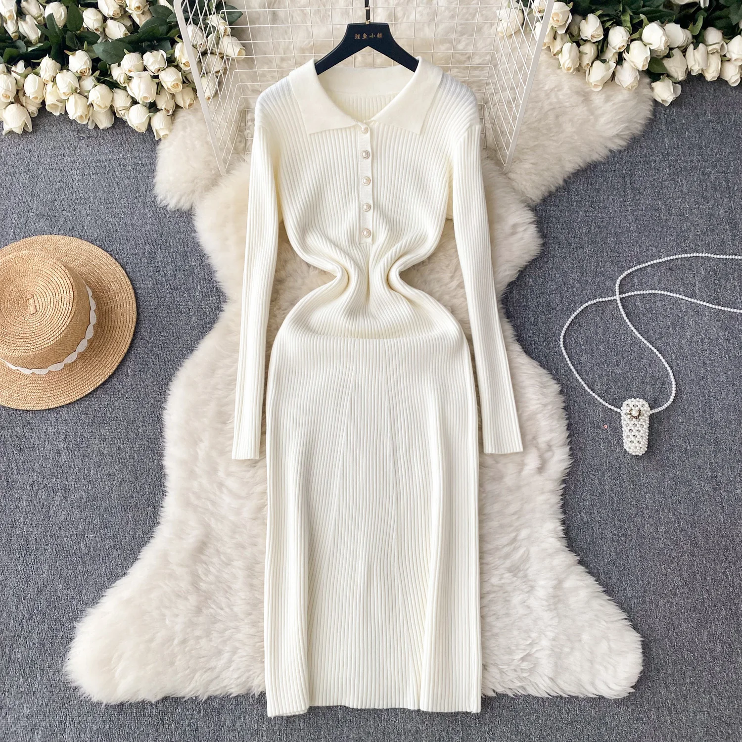 Description Picture 3 of itemSINGREINY Lapel Knit Long Dress Elegant Long Sleeve Button Elastic Waist Solid Fashion Ladies Casual Ribbed Sweater Dresses