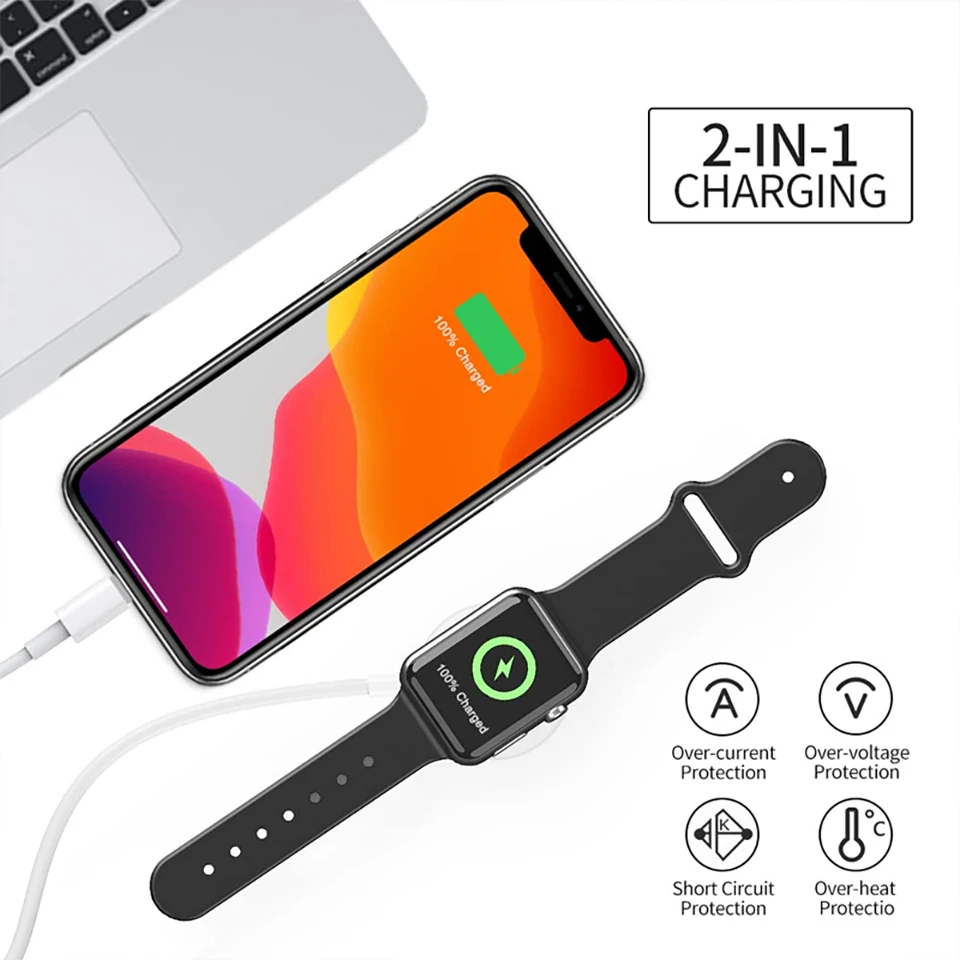 2 IN 1 Type C Portable Magnetic Wireless Charger For Apple iWatch 8 7 6 5 For iPhone 11 14 Pro Max USB-C Cable Phone Fast Charge