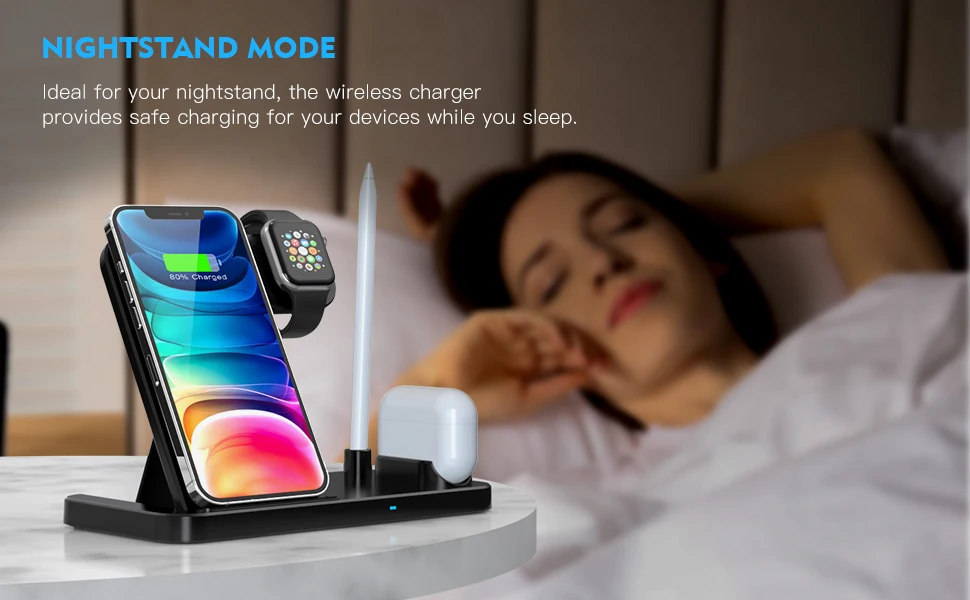 Description Picture 5 of item4 In 1 Wireless Charger Stand for IPhone 14 13 12 11 XS XR X Apple Watch 8 Fast Charging Dock Station For Airpods iWatch Pencil