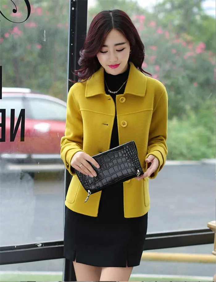Description Picture 6 of itemBlended Woolen Coat Fashion Spring Autumn Women's Wool  Jacket Short Single-breasted Yellow Female Outwear Tops Mother Dress W25