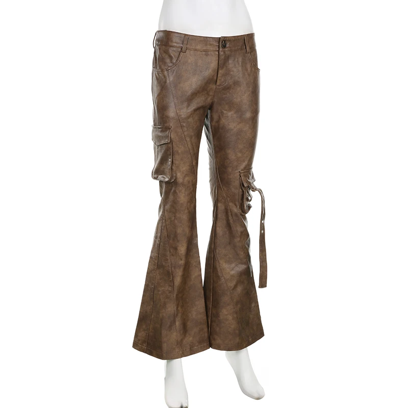 Weekeep Vintage Brown Leather Pants Grunge 2000s Low Rise Pockets Patchwork Baggy PU Cargo Pants Women y2k Streetwear Trousers