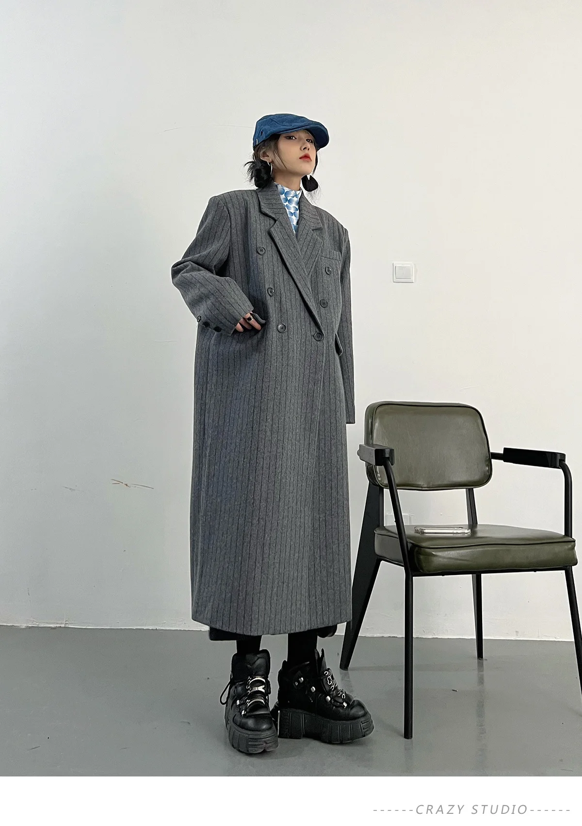 Description Picture 3 of itemBZVW Vintage England Style High-end Overcoat Women's 2023 Temperament Mid-length Striped Coat Female Autumn Winter New 25X2155