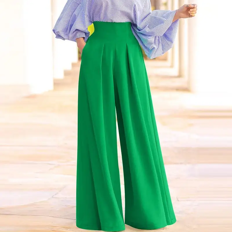 ZANZEA High Waist Fashion Trousers Loose Women Solid Color Pocket Wide Leg Pants Inverted Pleats Streetwear 2023 Summer Pantalon