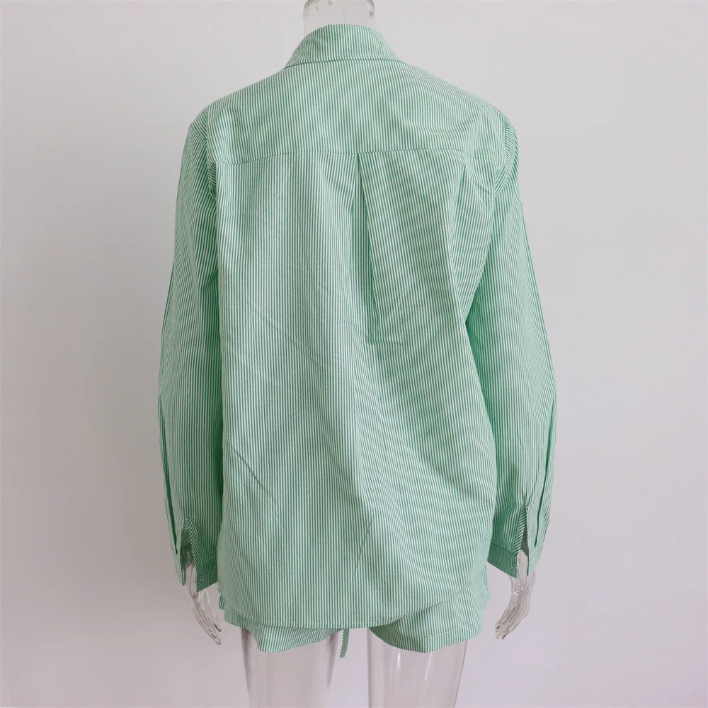 Description Picture 5 of itemTwo Piece Set for Women Summer Stripe Long Sleeve Shirt Tops Loose High Waisted Shorts Sets Female Oversized Outfits Tracksuit