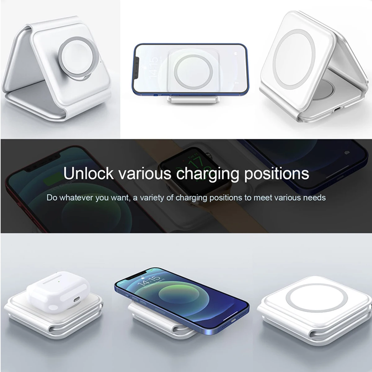 100W 3 in 1 Wireless Charger Pad Stand Magnetic Fast Charging Dock Station for iPhone 15 14 13 12 11 8 X XR Apple Watch Airpods