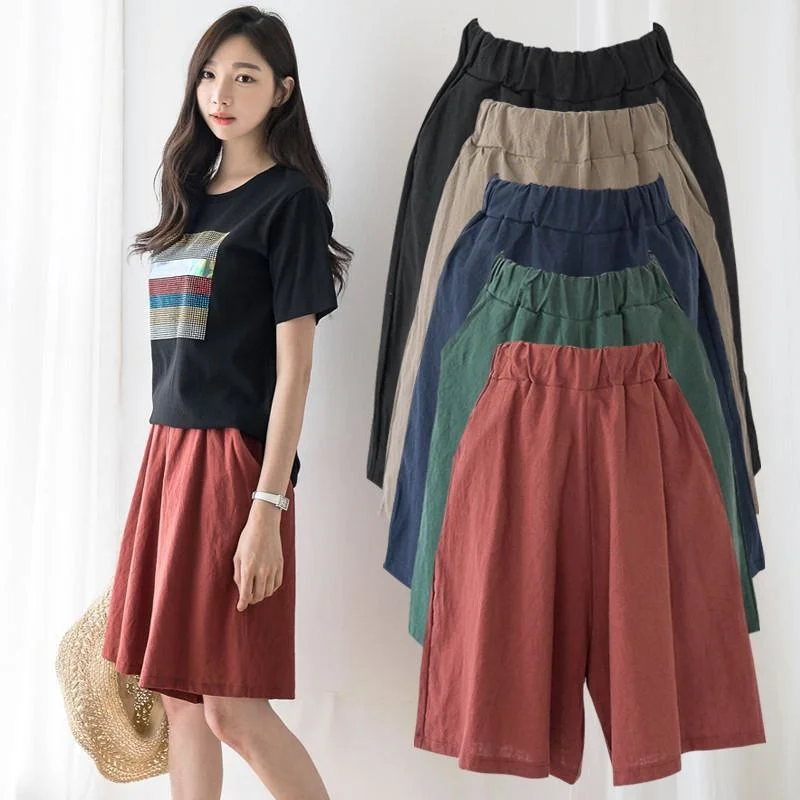 Women's Clothing Summer 2023 Cotton and Linen Casual Shorts Plus Large Size Elastic Waist Five-point Wide-leg Pants