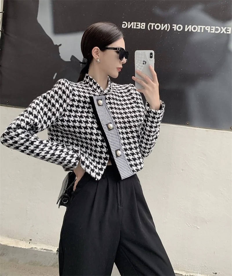 Description Picture 6 of itemLuxury Brand Houndstooth Vintage Tweed Jacket Coat New Autumn Winter Fashion High Street Small Fragrance Woolen Short Outerwear