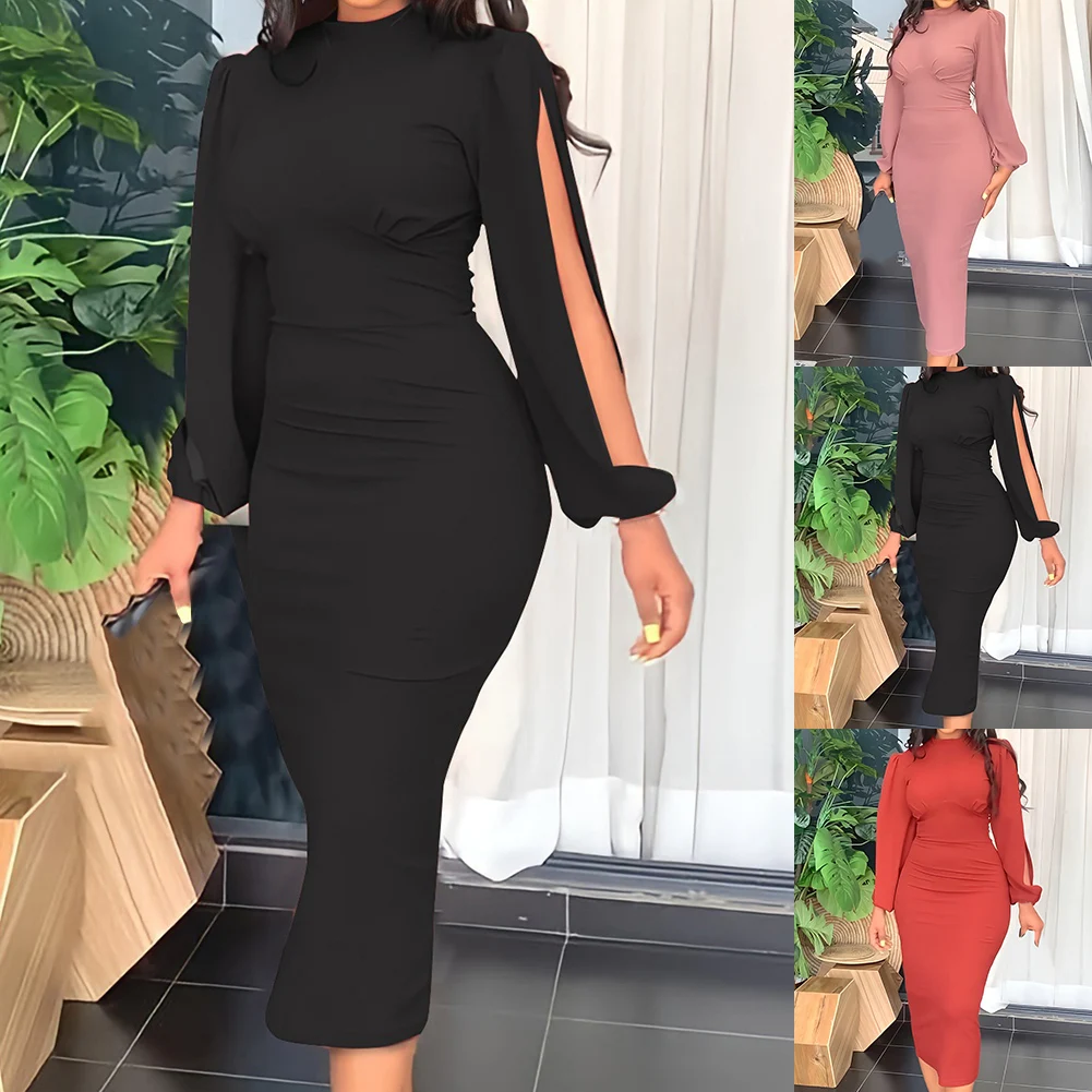 Description Picture 3 of itemComfy Fashion Stylish Women's Dress Slim Dress Round Neck Slim Fit Solid Color Long Sleeves Pleated High Waist