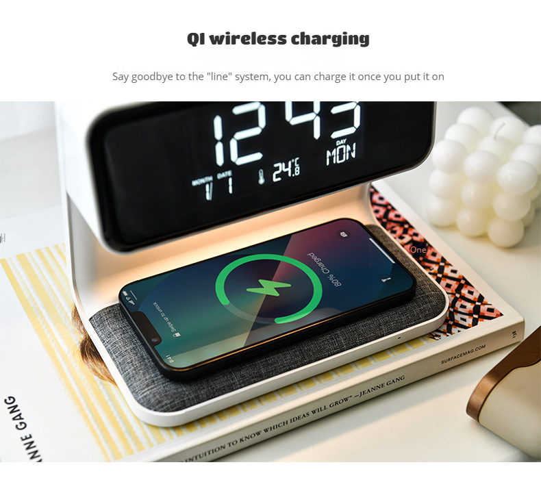 Creative 3-in-1 Bedside Lamp Wireless Charging LCD Alarm Clock Wireless Phone Charger for Iphone