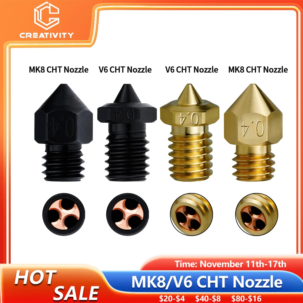 MK8/V6 CHT Brass Hardened Steel Nozzle MK8 Nozzle M6 High Flow Copper High Temperature Wear Resistance For 1.75/3.0 MM Filament