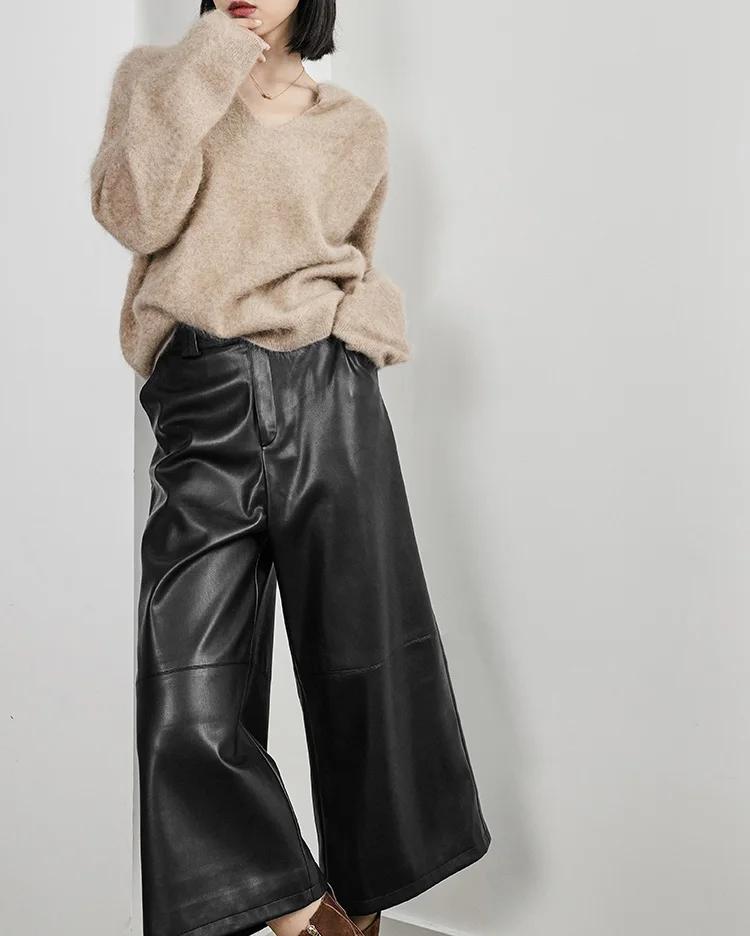 Description Picture 5 of itemLeather Cropped Pants For Women 2023 Spring Fashion Korean Clothing Thin Wide Leg Calf Long Sheepskin Black Trousers Streetwear