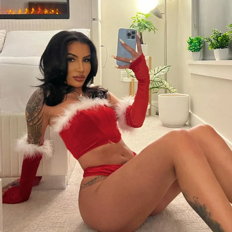 Description Picture 5 of itemWomen Christmas Erotic Lingerie Velvet Furry Sweetheart 3 Piece Set New Year Strapless Corset Sexy Briefs Long Sleeve Covers