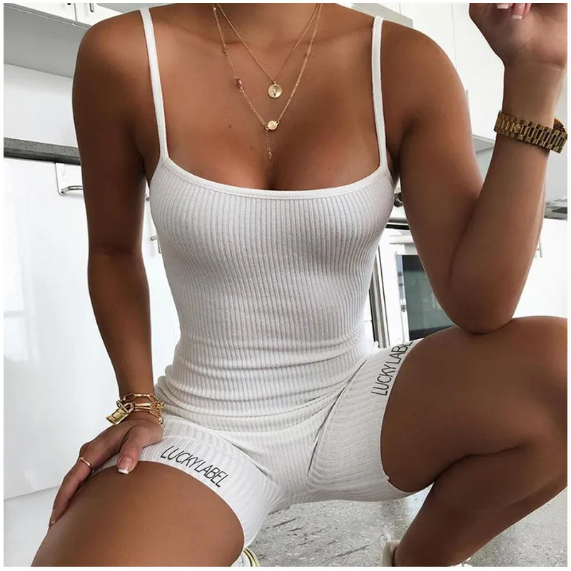 Ladies letter jumpsuit skinny sexy suspenders sleeveless casual shorts sportswear push-up fitness solid color jumpsuit 2020
