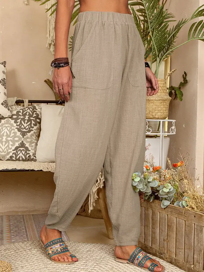 Description Picture 3 of item2022 Women's New Solid Color Loose Cotton Linen Casual Pants Home Harem Trousers Pocket Stitching Trousers Streetwear Women