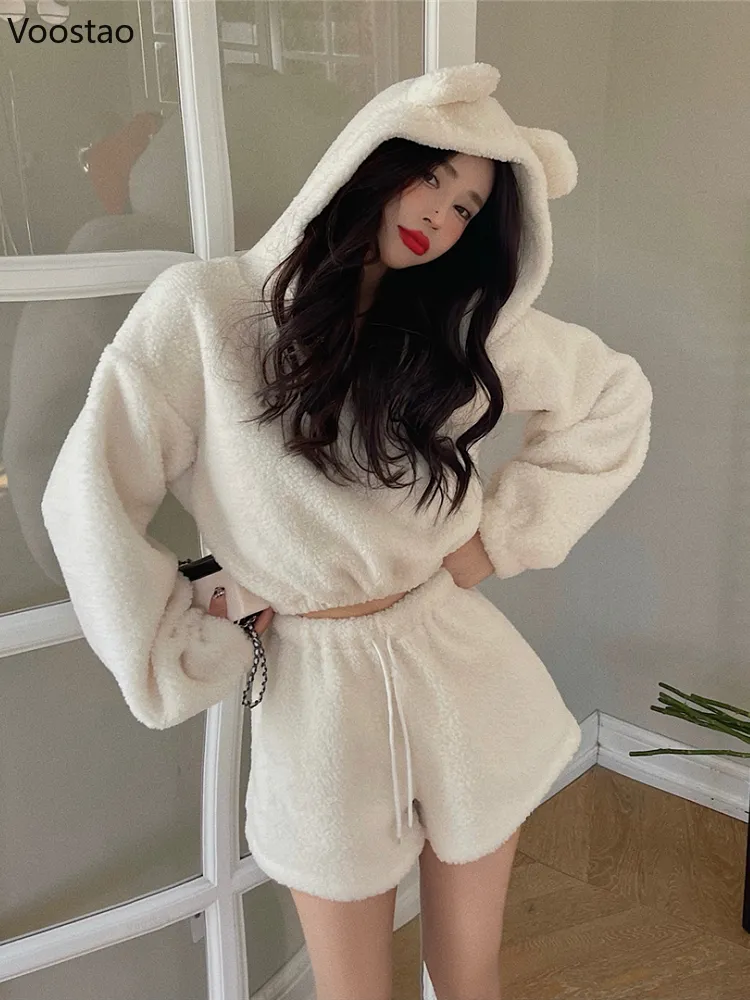 Description Picture 3 of itemAutumn Winter Women Kawaii Shorts Set Soft Plush Bear Ears Hooded Sweatshirt High Waist Shorts Suit Girls Hoodies 2 Piece Sets
