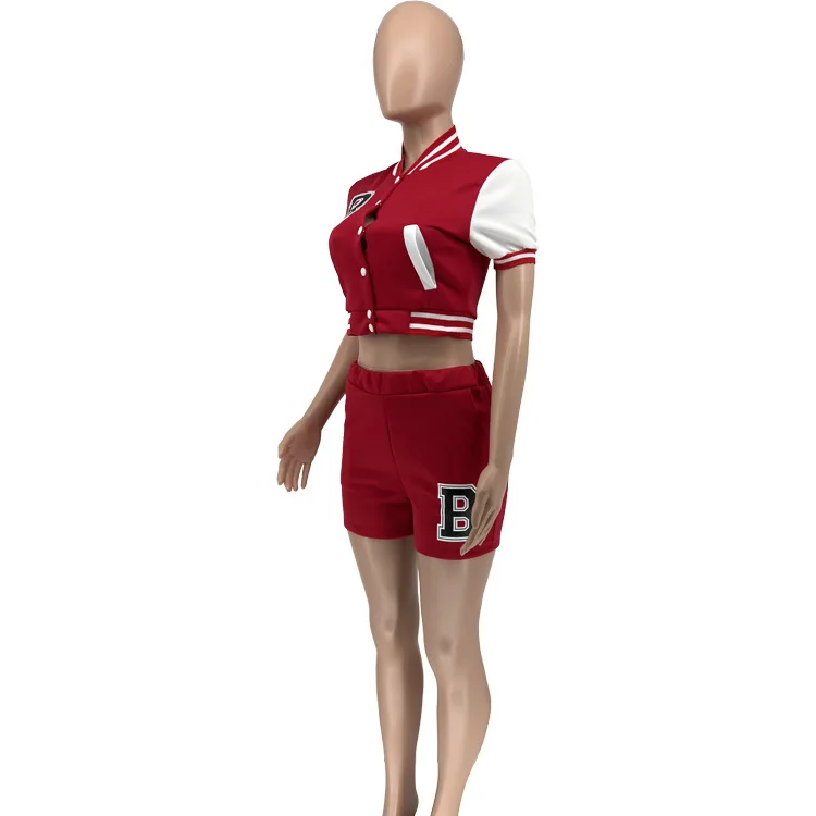 Description Picture 4 of itemTrendy Ladies Tracksuit Short Sleeve Jacket Letter Print Patchwork Spring Womens Summer Sports Baseball Shorts Two Piece Set