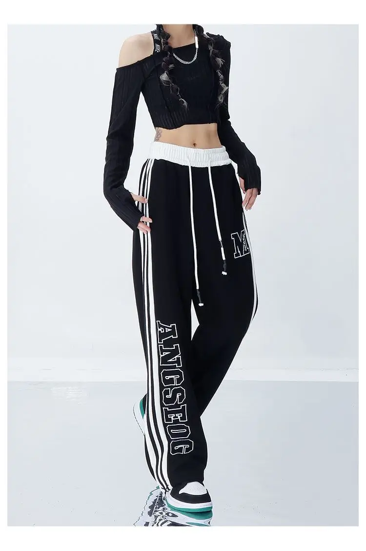 Description Picture 5 of itemHarajuku Hip Hop Women Striped Jogging Sweatpants Oversize Drawstring Elastic Waist Streetwear Vintage Baggy New Sports Trousers