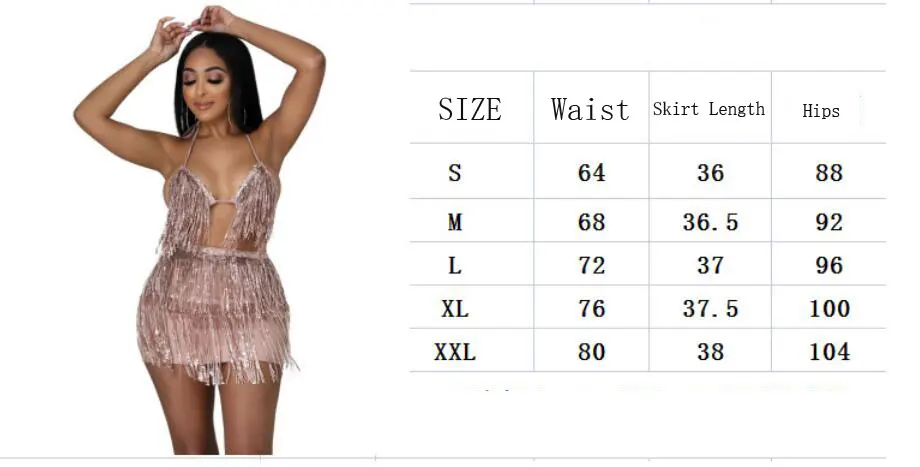Description Picture 2 of itemTwo Piece Set Women Halter Crop Top Shorts Skirt Sets Matching Outfits Fringe Tassel Sexy Sequin Clothes  Backless Club