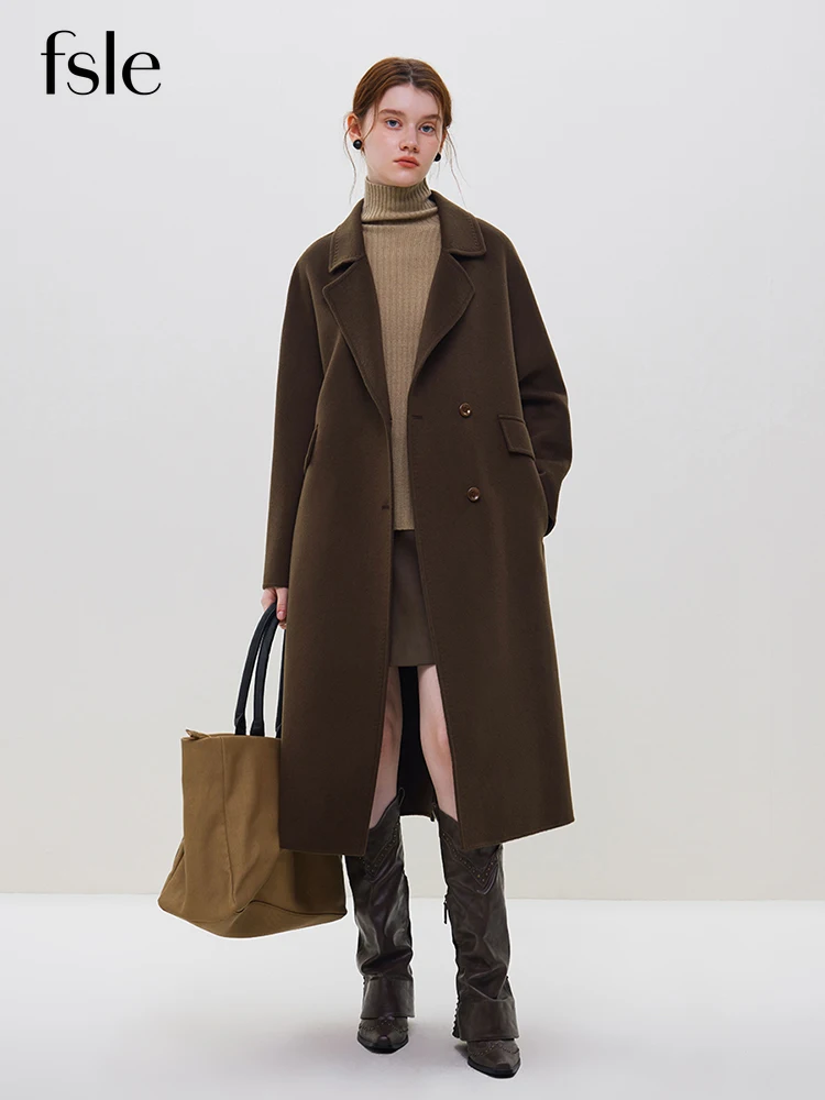 FSLE 95.4% Wool 4.6% Camel Hair Women Long Temperament Camel Wool Coats 100% Wool Office Lady Drop Sleeve Black Woolen Jackets