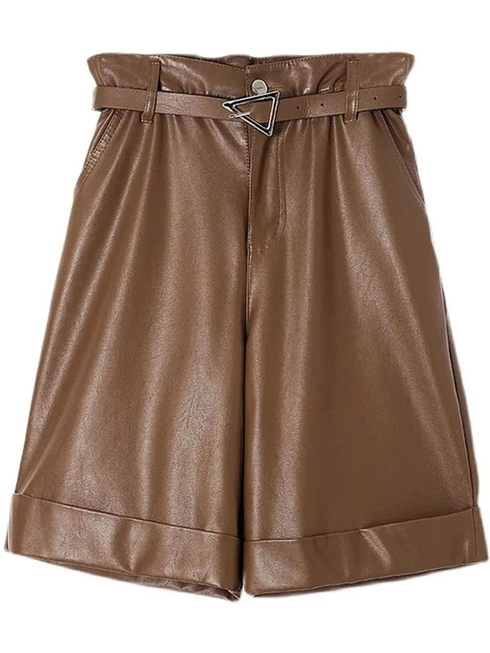 Description Picture 2 of itemFashion Leather Pants Plus Size Leather Shorts Five Pants Wash Shui Pi Pants Women New Loose Wide Leg High Waist Short Pants