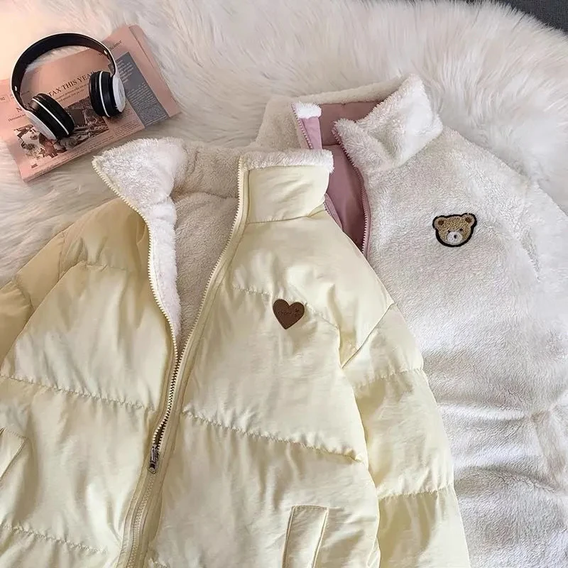Description Picture 6 of itemJMPRS Cute Embroidery Parkas Coat Women Winter Korean Fashion Thick Loose Warm Jacket Double Sided Design Pink Student Clothes