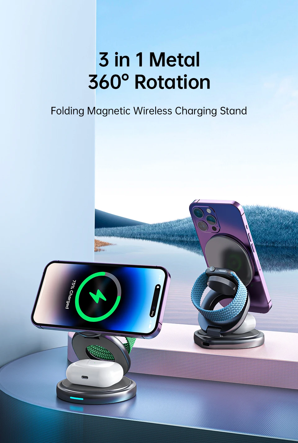 Description Picture 3 of itemFoldable 30W Magnetic Wireless Charger Stand For iPhone15 14 13 12 Pro Max Apple Watch Airprods Pro 3 in 1 Fast Charging Station