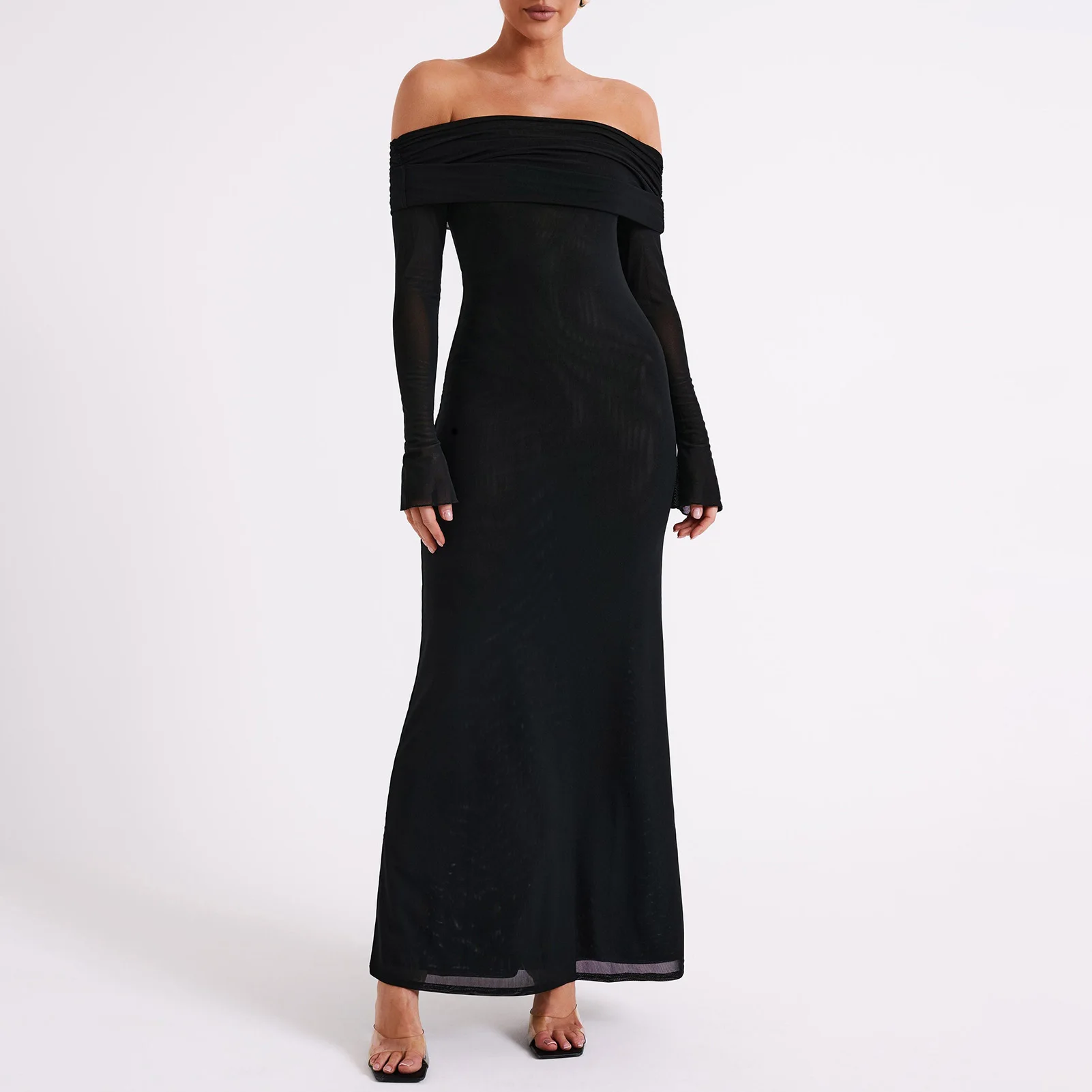 Description Picture 5 of itemSpicy Girl Slash Neck Tunic Long Dress Women Long Sleeve Dress Slim Fit Waist Maxi Dress Solid Color Vintage Style Daily Outfit