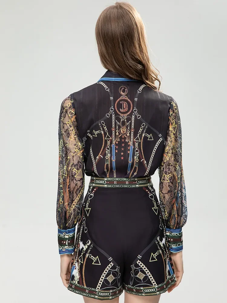 Description Picture 6 of itemMARYYIMEI Fashion Designer Summer Women's Turn-down Collar Lace Long Sleeve Printing Single Breasted Two Pieces Set