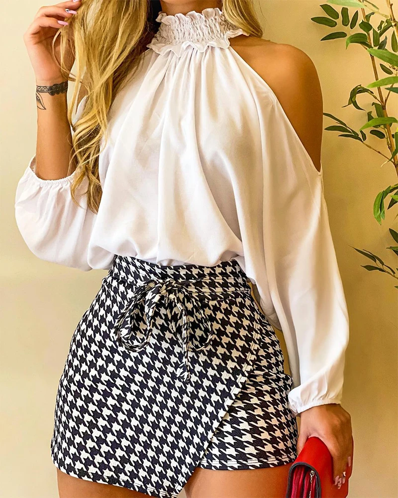 Description Picture 5 of itemWomen Frill Hem Shirred Neck Cold Shoulder Top & Houndstooth Wrap Tie Front Shorts Set Autumn Sexy Bodycon Skirts Two Piece Suit