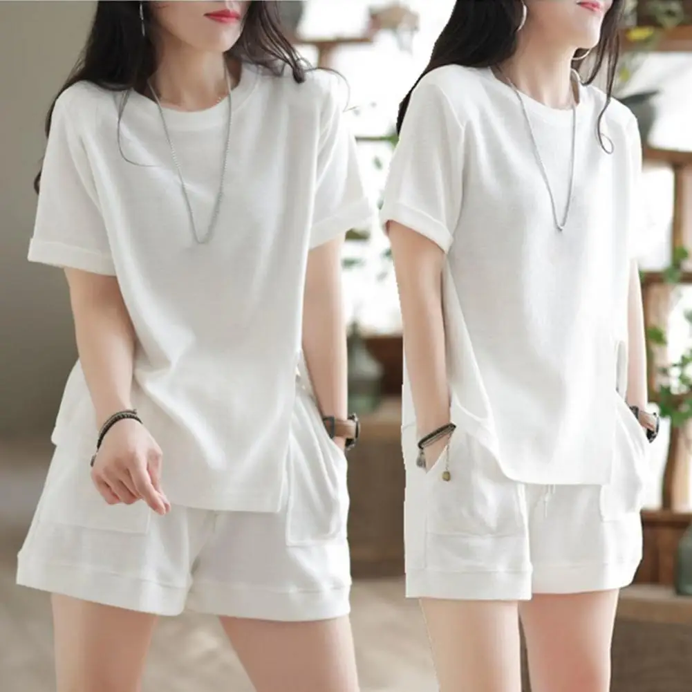 Description Picture 3 of itemCasual Shorts Set Solid Color Simple Style with Pocket Extra Soft Polyester Women Summer Shirt Shorts Suit Streetwear for Girl