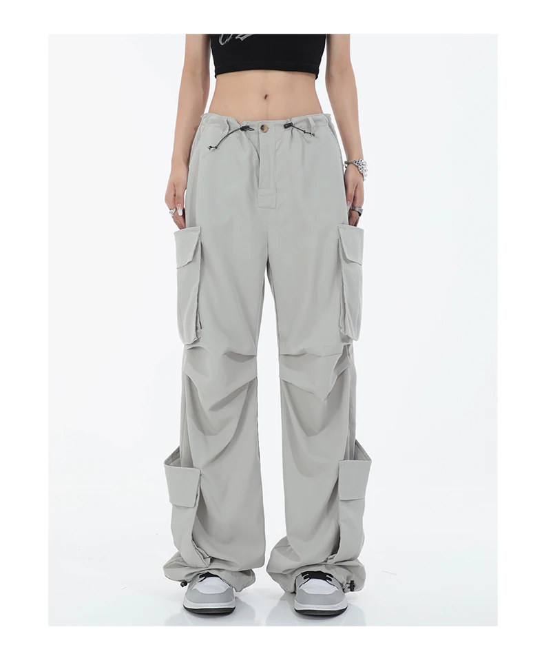 Description Picture 6 of itemQWEEK Cyber Y2K Gray Cargo Pants Women Oversized Hip Hop Streetwear Wide Leg Parachute Trousers Egirl Harajuku Pockets Pantalon