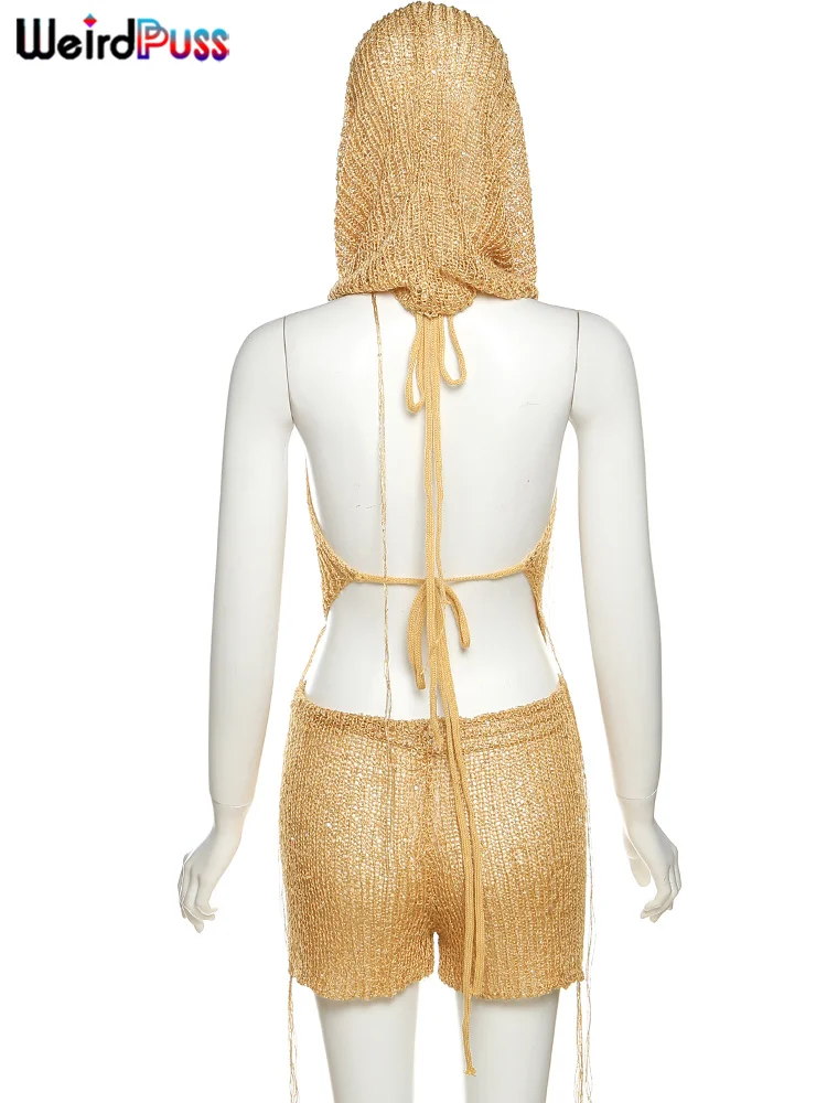 Description Picture 5 of itemWeird Puss Sexy Sequins Women 2Piece Set Summer Hipster Hooded Bandage Backless Hollow Tank Tops+Shorts Vacation Club Outfits