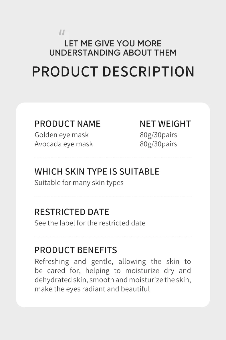 Description Picture 3 of item60pcs Eyes Masks Collagen Care Moisturizing Patches for Anti Wrinkles Dark Circle Remover Under Eyes Pads Puffy Eyes Treatments