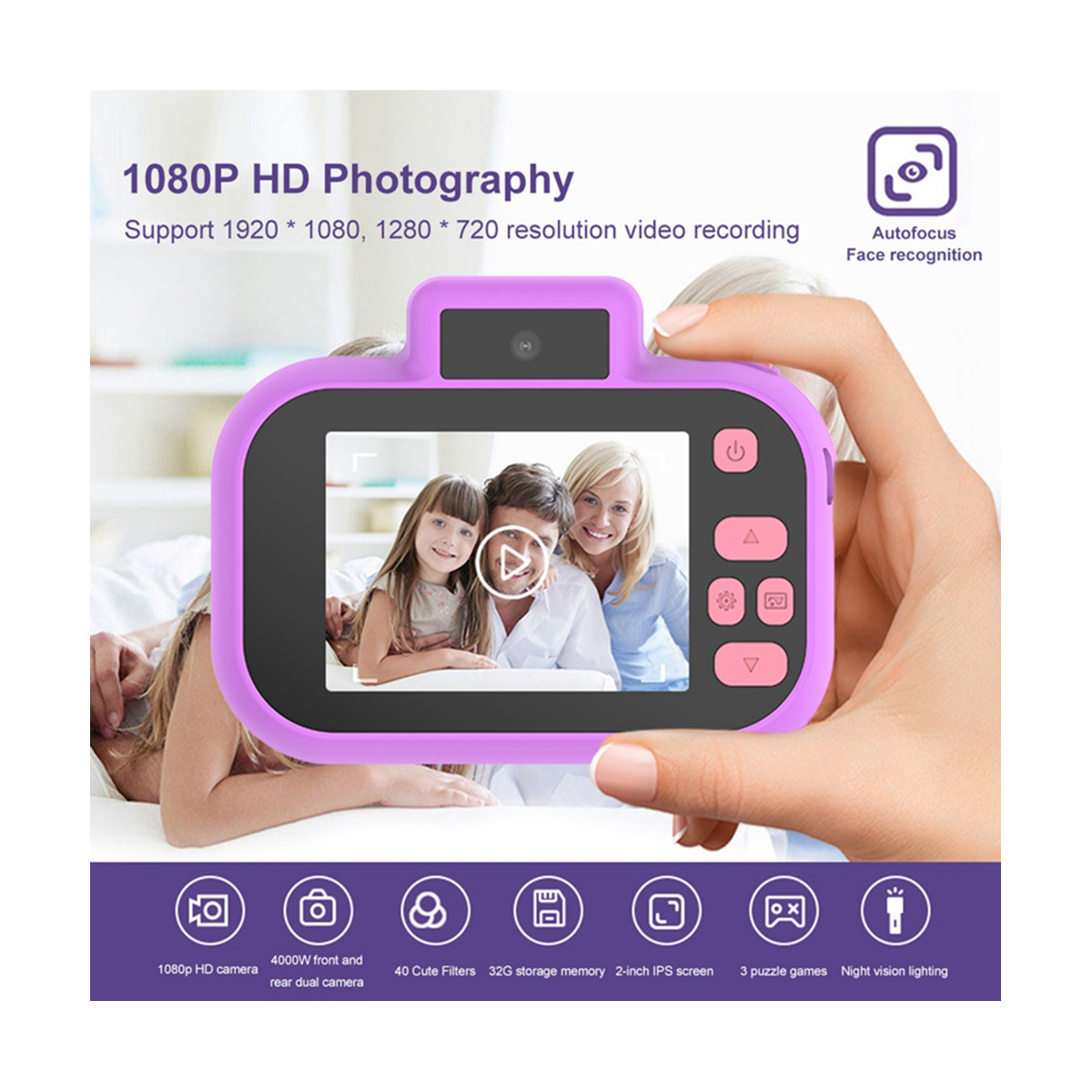 Description Picture 2 of itemChildren's Camera High-Definition 4000W Front Rear Dual-Camera 2 Inch 1080P HD Screen Digital Camera Photography, B